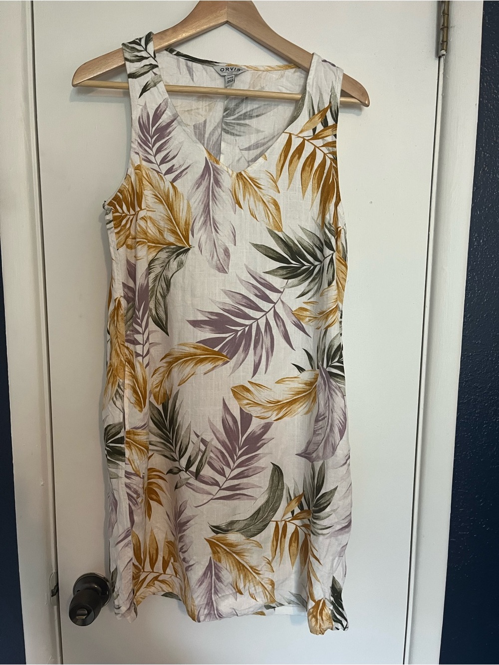 Orvis Sleeveless Linen Blend V-Neck Leaf Print Cover-Up in White, Mustard & Sage